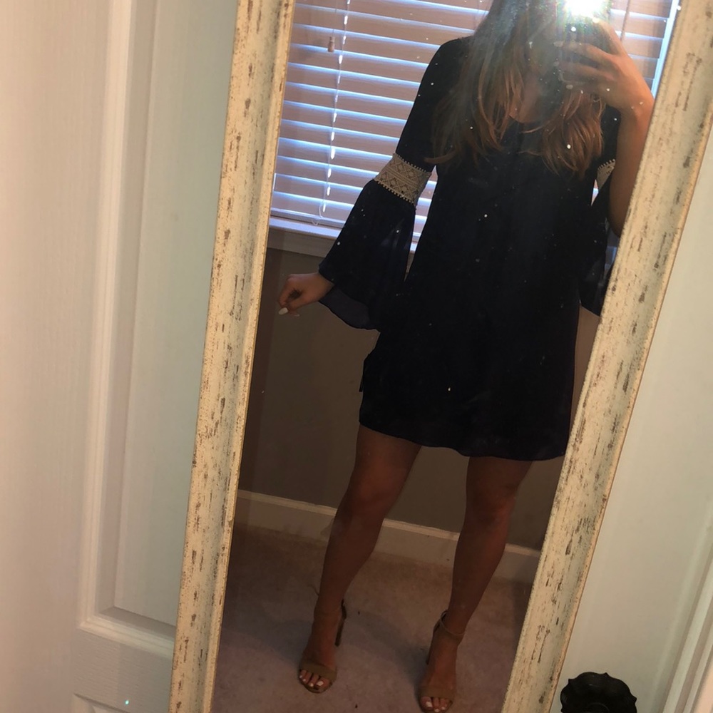Navy V-Neck Dress w/ Lace Bell Sleeves